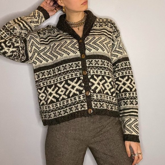 Vintage gray and white wool sweater knit cardigan with buttons - Picture 1 of 4